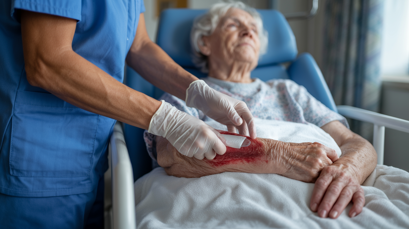 Medical professional treating bedsore wounds from nursing home neglect