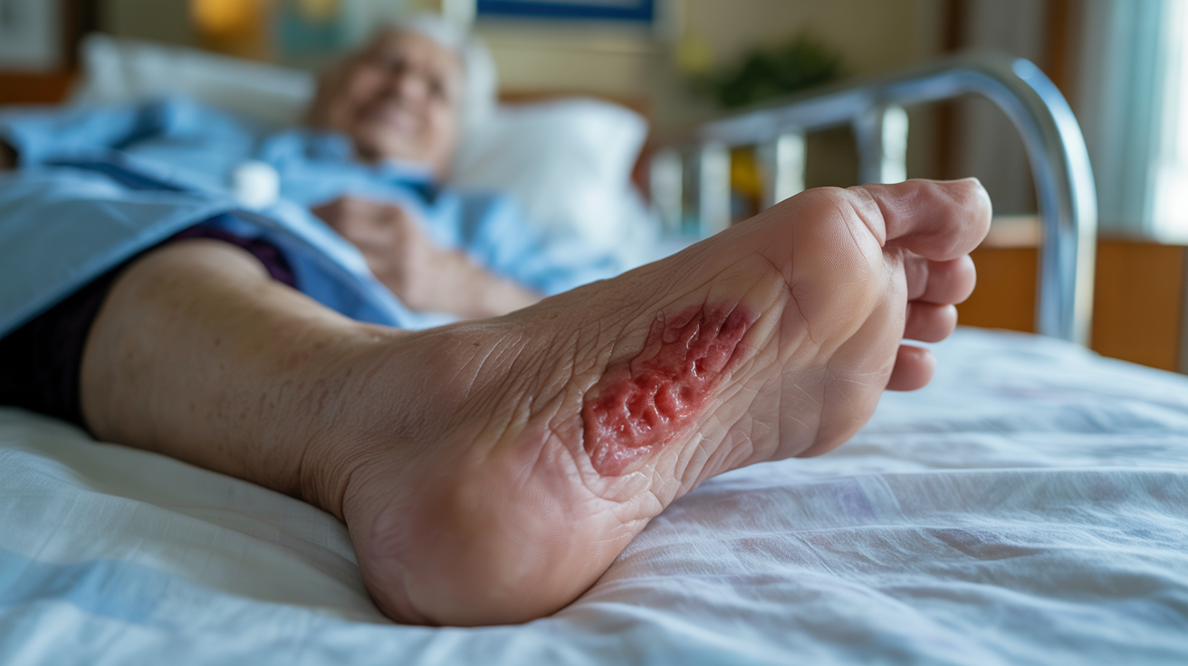 Bedsore pressure ulcer on elderly nursing home patient heel